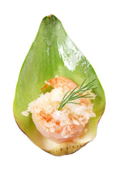 A fennel-crusted shrimp on an artichoke leaf from Tres L.A. Los Angeles.