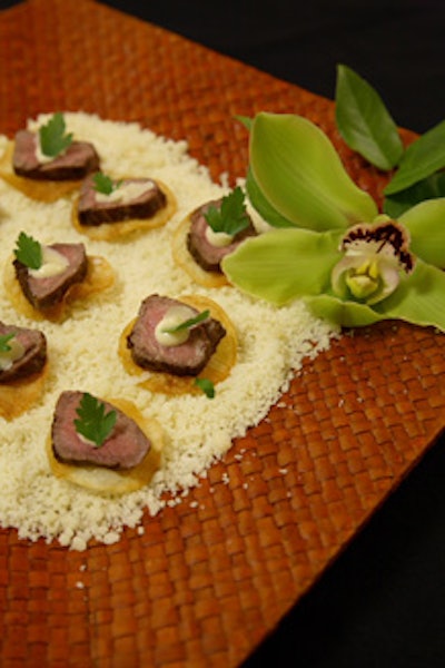Appetizers included wild-mushroom tartlets, sliced beef tenderloin, and Vietnamese summer rolls.