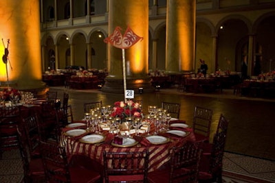Deep reds and golds dominated the dinner's 96 table settings, which featured crimson bengaline underclothes with golden butterfly stripe overlays. The Indian-imported linens were designed especially for the event.