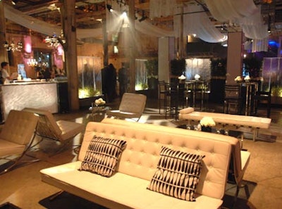 For the Trumbo gala at the Fermenting Cellar, sheer white silk fabrics from Micki´s, plush lounge seating from Furnishings by Corey, and mellow lighting by Visual FX helped conjure a sense of classic Hollywood glamour.