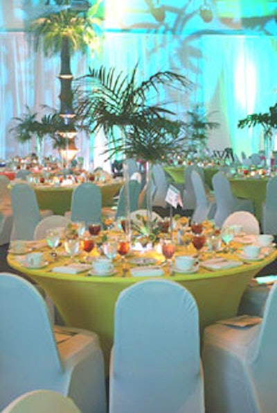 A tropical Florida theme was created by conceptBAIT using colorful fabrics and creative decor.