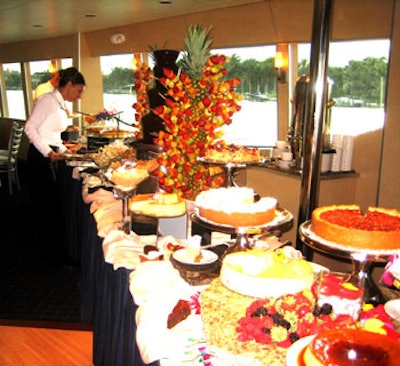 The dessert buffet included three types of cheesecakes, flan, key lime pie, cookies, brownies, and a chocolate fondue.