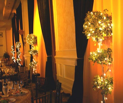 Glittering topiaries with pin lights lined the ballroom walls and defined the dining area.