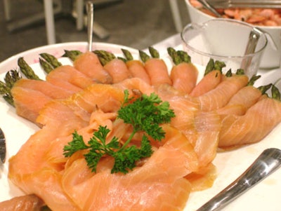 One of the selections available on the buffet included spears of asparagus wrapped in pieces of smoked salmon.