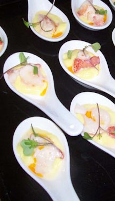 Catering with Style served a tasting spoon of sweet corn mouse topped with butter poached Atlantic lobster.