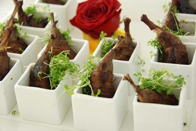 Seventh Heaven's hors d'oeuvre menu included Prosciutto wrapped quail legs with a pomegranate glaze served in a ruby port dipping sauce.