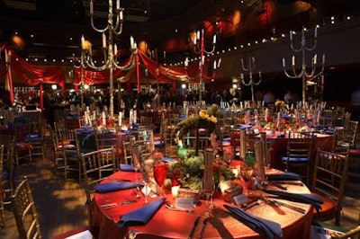 The decor gave Roseland a carnival feeling, with giant red topiaries and candelabras throughout.