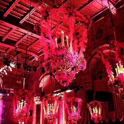 Preston Bailey's lush flower arrangements included 10 chandeliers covered with flowers.