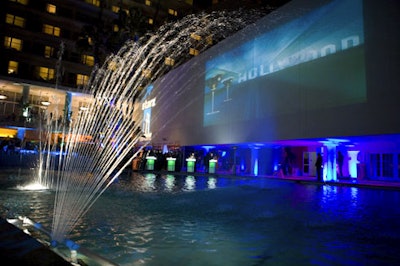 Fountains surrounded a water wall in the Beverly Hilton's famed pool.