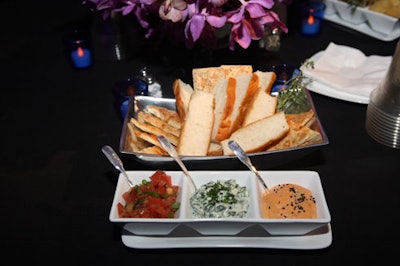 Snacks on the V.I.P. tables included crostini with white-bean hummus, tomato salsa, and basil-whipped ricotta and spinach as dipping sauce.