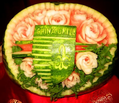 At the China Grill station, watermelons carved with roses reflected the restaurant's name.