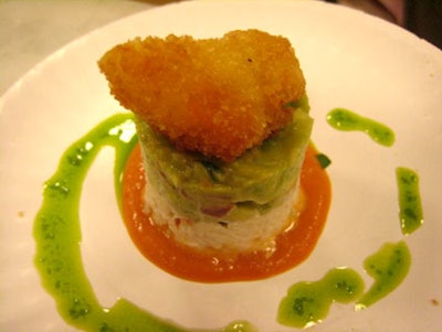 Among the evening's delicacies was a crab avocado stack with a green tomato sauce, one of the signature dishes of Blue Door at the Delano Hotel.
