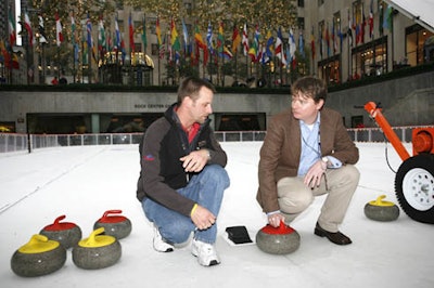 Mitch Frank from Wine Spectator tried his hand at curling, with help from Olympian Shawn Rojeski.