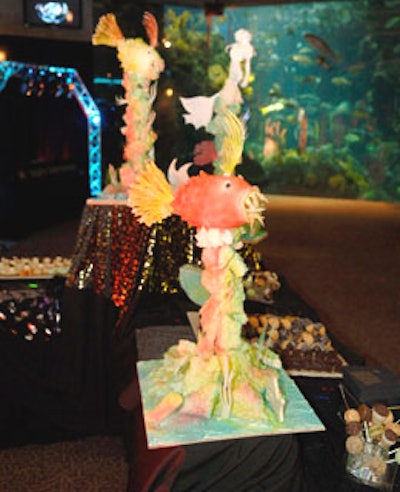 Guests were greeted by a devilishly delicious chocolate piranha display at the dessert bar.