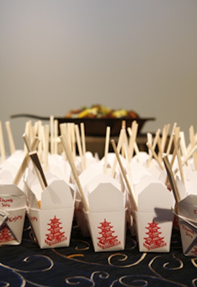 A kitschy (and clean) catering element was Asian hors d'oeuvres packaged in Chinese take-out cartons.
