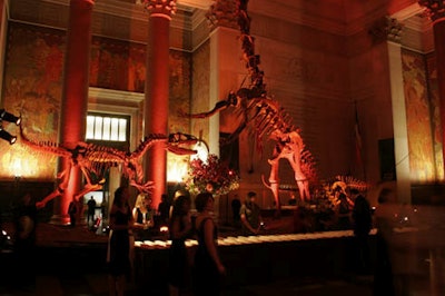 Red lighting accented the dinosaur skeletons and the rotunda's columns.