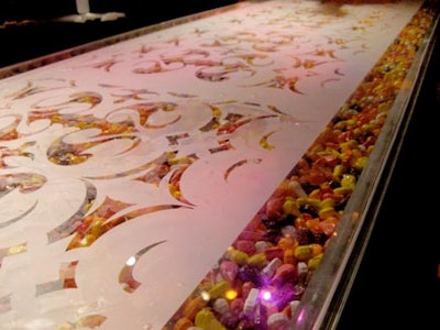 Candies filled tabletops in a Food Network lounge-dining section. (Other tables had lazy Susans for easy dessert sharing.)