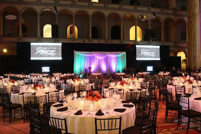 Striped referee-inspired linens on the 12-top rounds, which were color-coordinated according to V.I.P. seating levels, gave the room a subtly sporty feel.