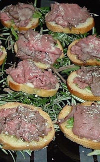 Stuart and Saladino's served a bay leaf and red wine beef tenderloin canapé with rosemary aioli as part of its hors d'oeuvre menu.