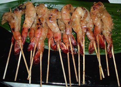 A mandarin miso glaze flavoured the skewered grilled shrimp.