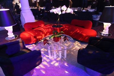 Sculptural white lamps with black shades were among the vintage-looking props.