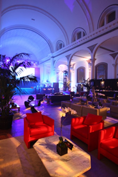 Red sofas were among the few pops of bright color.