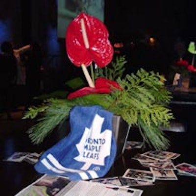 The centrepieces from Absolutely Flowers included a small Toronto Maples Leafs towel.