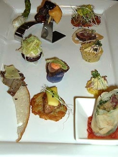 A sampling of the hors d'oeuvres was beautifully arranged on a white plate.