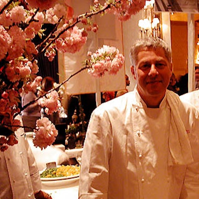 Five Points' executive chef Marc Meyer posed with Preston Bailey's gorgeous cherry blossom and rose flower arrangements.
