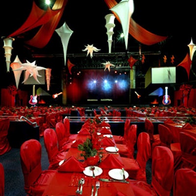 Red fabrics dressed tables and chairs.