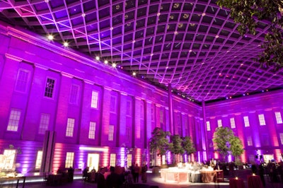 Atmosphere Lighting highlighted the space's soaring ceilings and undulating glass roof with a color palette that rotated from peach and pink hues to green and blue.