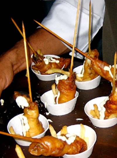 Fried lobster tail with french fries was one of several party foods offered at the event.