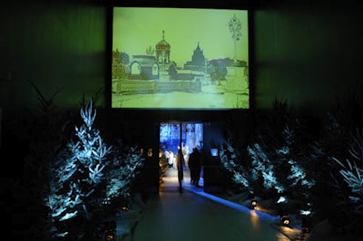 Images of Russia were projected onto a large screen hanging above the entrance to the ice castle room.
