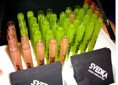 Cosmopolitan and apple martini shots, all made with Svedka Vodka, were served in test tubes.