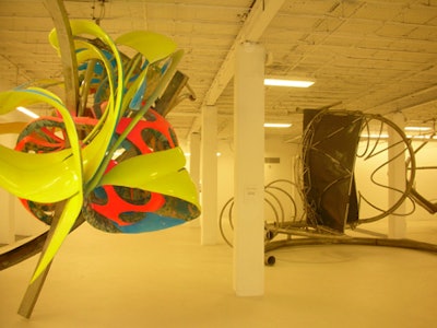 Towering sculptures created by Frank Stella were displayed on the second floor of the gallery.