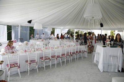 Karla Conceptual Event Experiences designed an all-white tent with baby pink accents and Pucci patterns for the brunch in the estate's backyard.