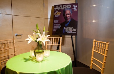 A poster of Freeman's AARP magazine cover was on-site. AARP was an event sponsor.