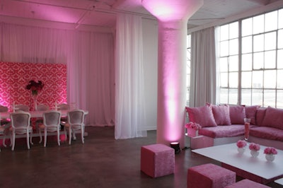 Pink and white furniture decorated the lounge and dining areas.