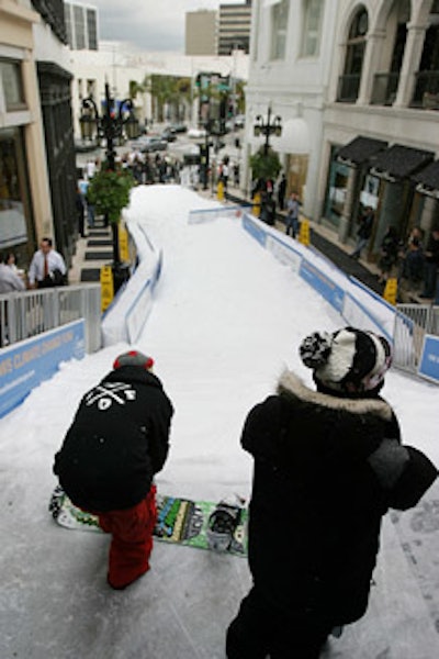 A 90-foot ski slope made of 25 tons of snow drew crowds in Beverly Hills.