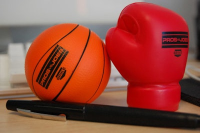 The promotion's giveaways were stress balls in the shape of sports equipment.