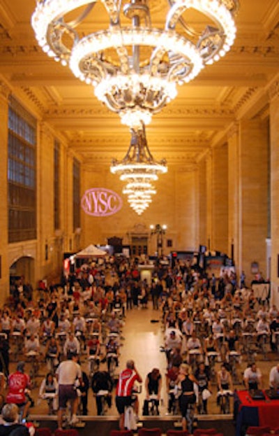 One hundred of Star Trac's Spinner bikes filled Grand Central's Vanderbilt Hall for the fund-raising spin-a-thon.