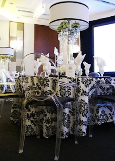 Philippe Starck Louis Ghost chairs surrounded each table.