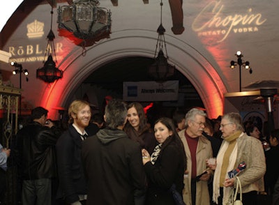 Sponsor Chopin projected its logo gobos on the wall outside the Arlington for the rain-modified opening-night party.