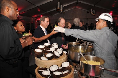 Lyon & Lyon Catering treated guests to a couscous-and-chicken dish served in halved coconuts.