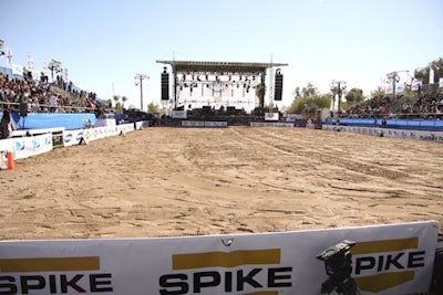 The DirecTV event footprint included a 75- by 150-foot sand playing field, bleachers, V.I.P. seating, and a 50- by 40-foot stage.