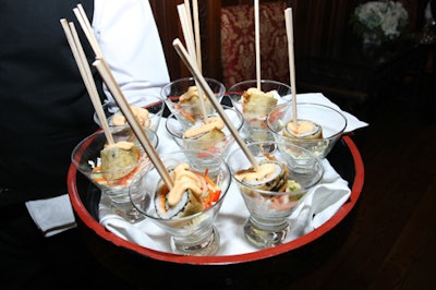 Dynamite sushi rolls served in stemless martini glasses were among the hors d'oeuvres at the gala's V.I.P. reception.
