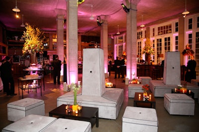 The lower-level raw space was transformed with a long bar and large white banquettes.