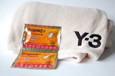 Instead of gift bags, Y-3 provided blankets and hand-warming pouches.