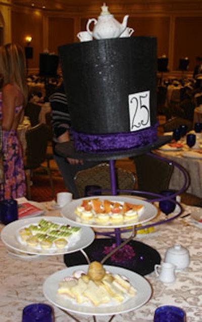 Each of the tables held a Mad Hatter hat centerpiece topped with a tea set.