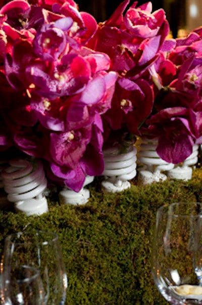 Jamie Drake of Drake Design Associates used rows of compact fluorescent lightbulbs (placed within a moss base) to contain orchid stems.